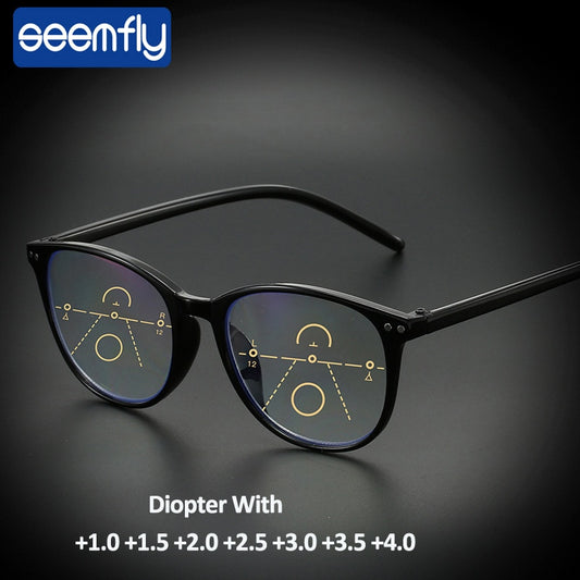 seemfly Anti blue Ray Progressive Multifocal Reading Glasses Women Men Retro Classic Presbyopic Glasses Frame With +1.0 +1.5 +4