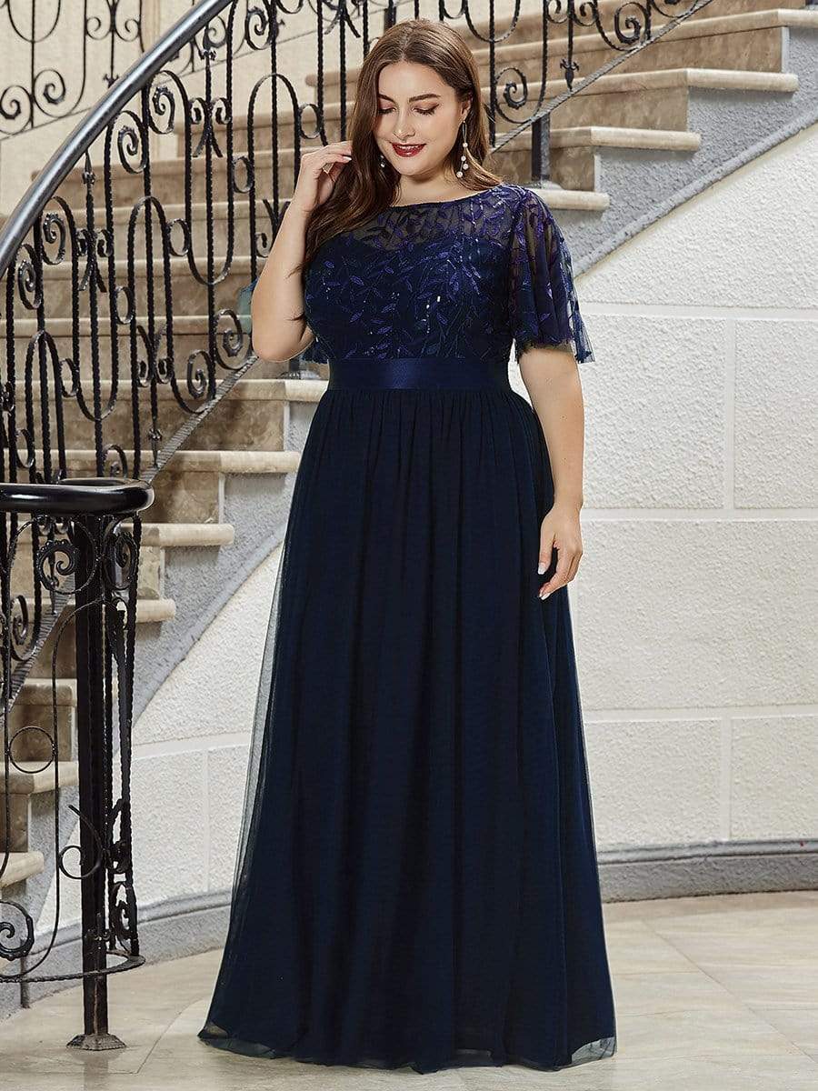 2022 NEW Plus Size Dress  Robe De Soiree Sparkle Evening Dresses Long A-Line O-Neck Short Sleeve LONG Formal Dresses