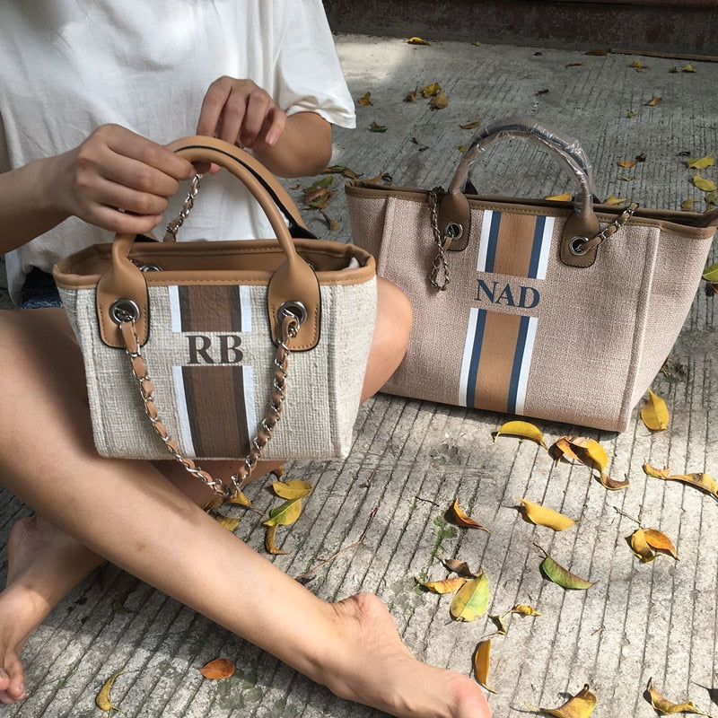 Customize monogram striped Big Mama and mini size canvas handbag travel bags totes shopping shoulder jute handbags shopper tote