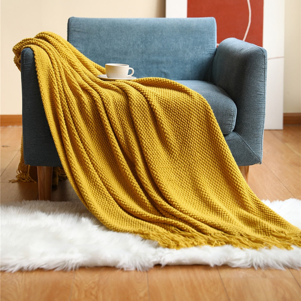 Textile City Home Decorative Thickened Knitted Blanket Corn Grain Waffle Embossed Winter Warm Tassels Throw Bedspread 130x240cm