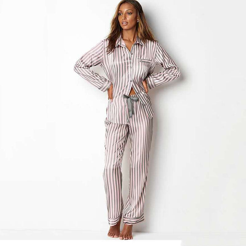 Summer Pajamas for Women Satin Silk Stripes Sleepwear Pyjamas Short Pink Loungewear Pjamas Ladies Home Suit Homewear Woman