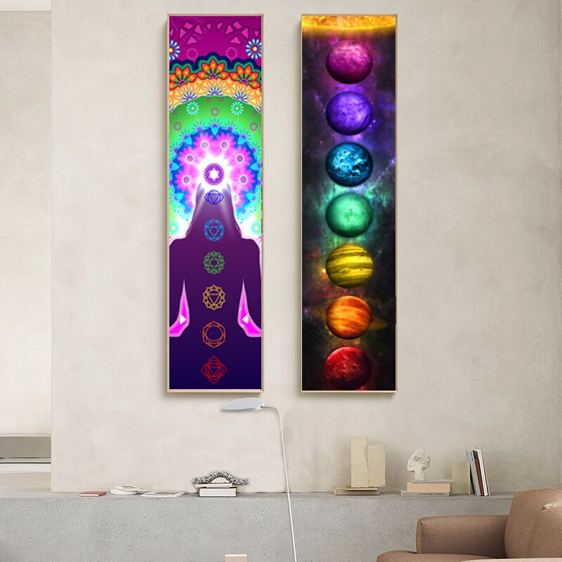 Wangart Bohemian Seven Chakras canvas Paintings Multicolor Planet Butterfly Flower Home Decoration  Painting