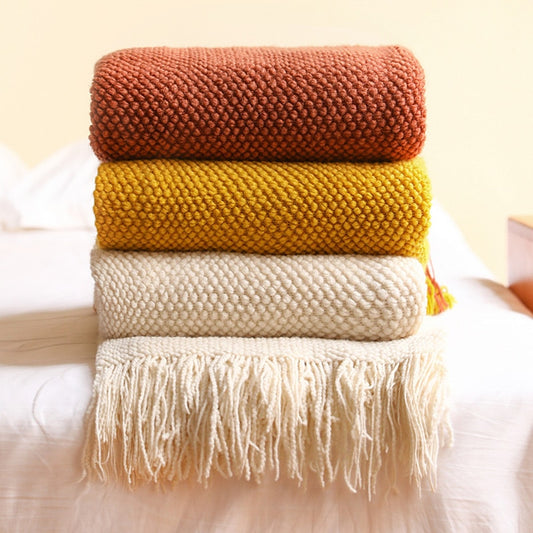 Textile City Home Decorative Thickened Knitted Blanket Corn Grain Waffle Embossed Winter Warm Tassels Throw Bedspread 130x240cm