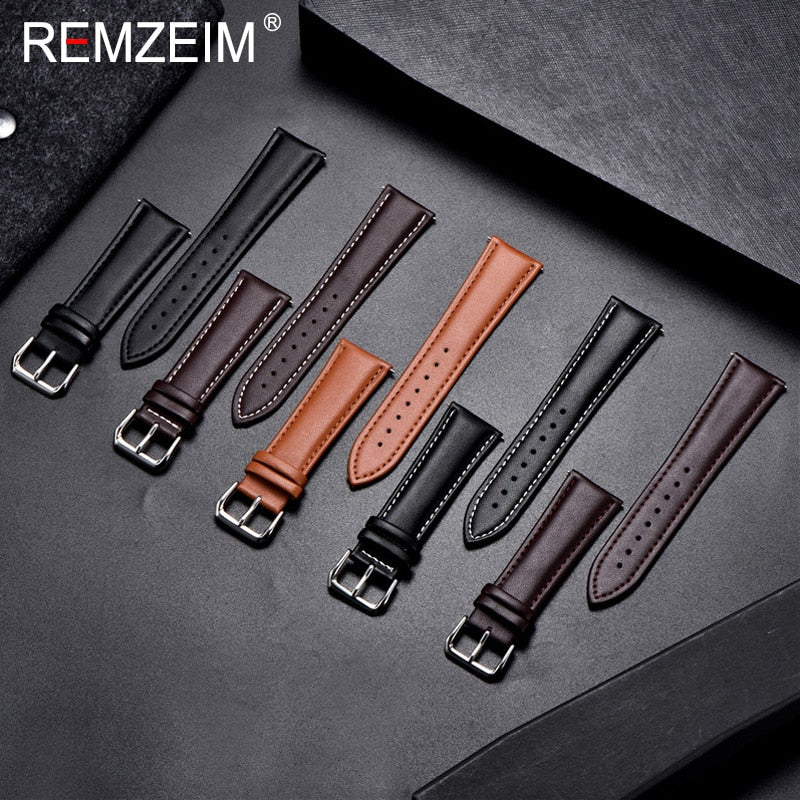 REMZEIM Calfskin Leather Watchband Soft Material Watch Band Wrist Strap 18mm 20mm 22mm 24mm With Silver Stainless Steel Buckle