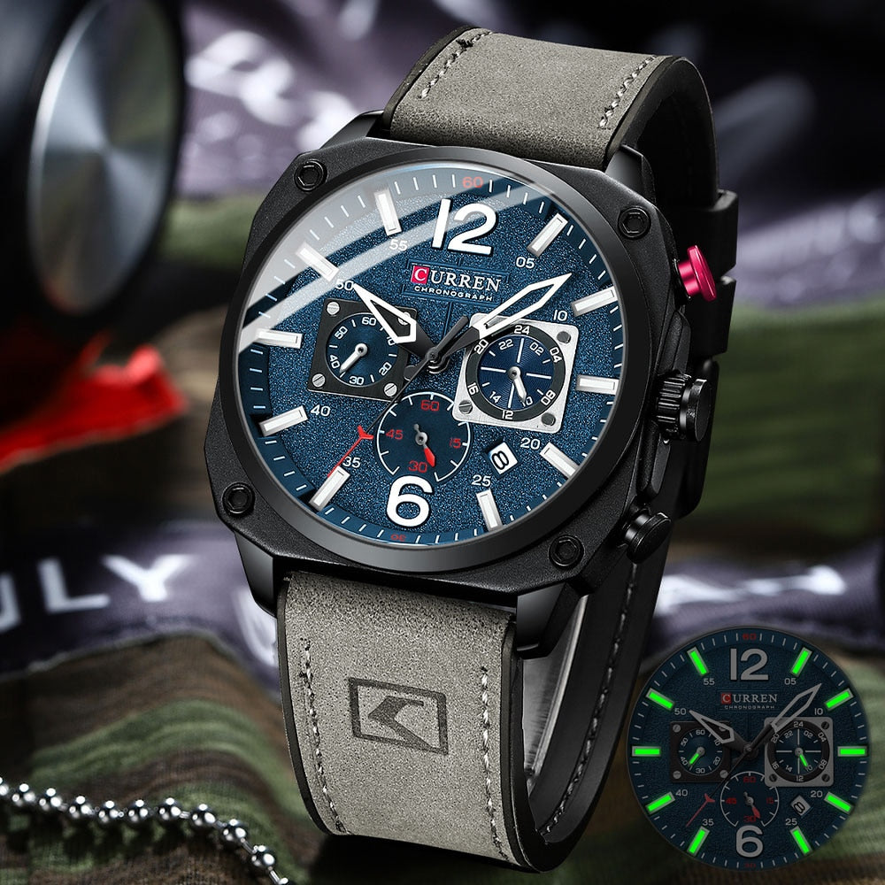 CURREN New 8398 Men's Watch Fashion Waterproof Male Multi-function Chronograph Clock Leather Six Needle Calendar Quartz Watches