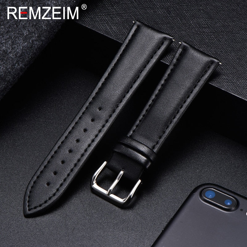 REMZEIM Calfskin Leather Watchband Soft Material Watch Band Wrist Strap 18mm 20mm 22mm 24mm With Silver Stainless Steel Buckle