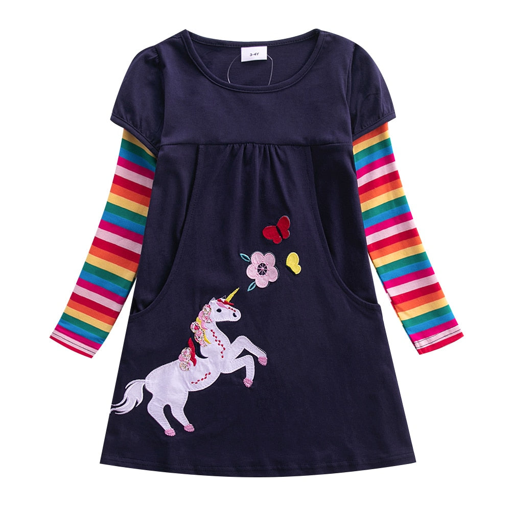 Girls Long Sleeve Unicorn Dress Autumn New Embroidered Cotton Kids Dress Dress Flower Round Neck Dress LH5908