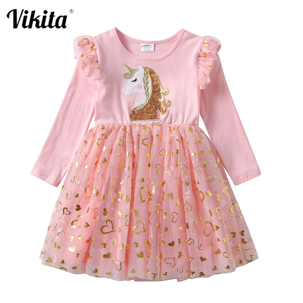 VIKITA Girls Princess Dress Unicorn Sequins Long Sleeve Autumn Dress Kids Birthday Party Wedding Tulle Dresses Children Clothing