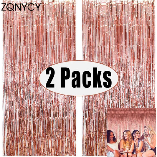 2Pack Party Backdrop Metallic Foil Fringe Tinsel Curtain Adult Kids Birthday Party Wedding Decoration Baby Shower Favor Supplies