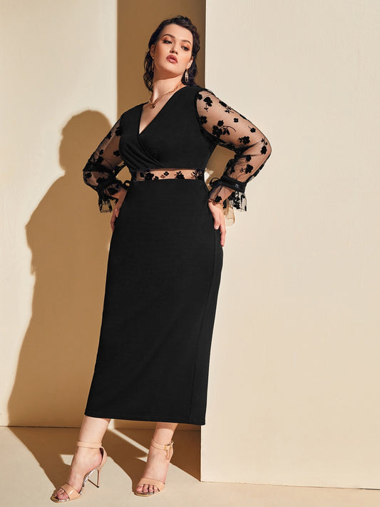 TOLEEN Women Plus Size Large Maxi Dresses 2022 Chic Elegant Lace Black Oversized Long Sleeve Evening Party Prom Wedding Clothing