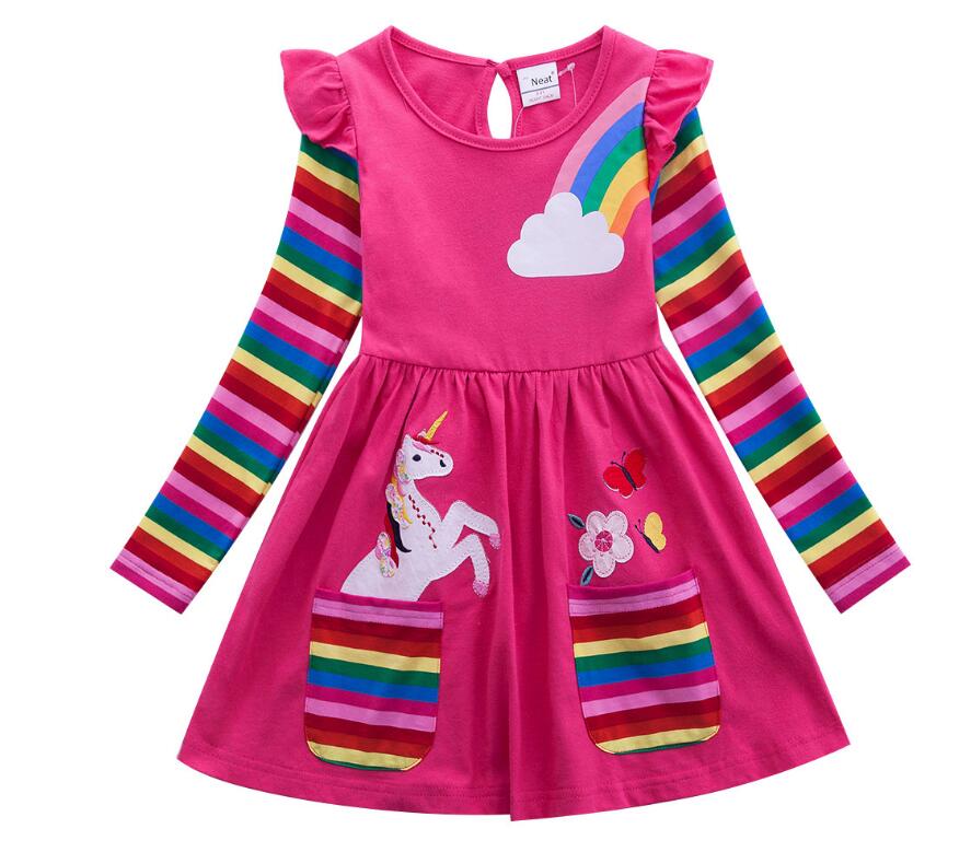 Girls Long Sleeve Unicorn Dress Autumn New Embroidered Cotton Kids Dress Dress Flower Round Neck Dress LH5908