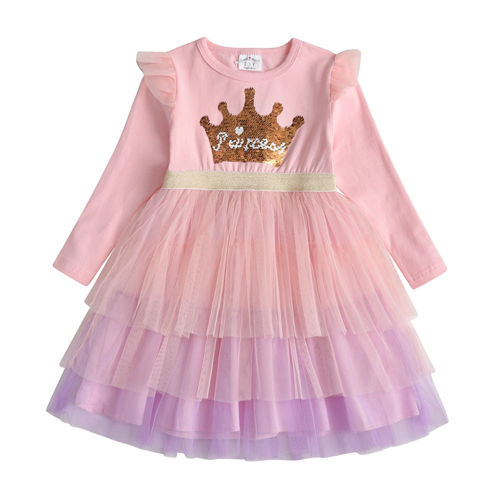 VIKITA Girls Princess Dresses Kids Cartoon Vestidos Children Autumn Dress Kids Dress for Girls Long Sleeve Unicorn Dresses