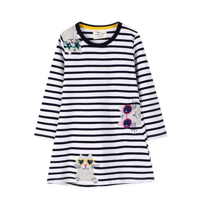 Cat Applique Girls Dresses Cotton Princess Long Sleeve Baby Dress Animals Children Costume Party Cute Girls Dresses