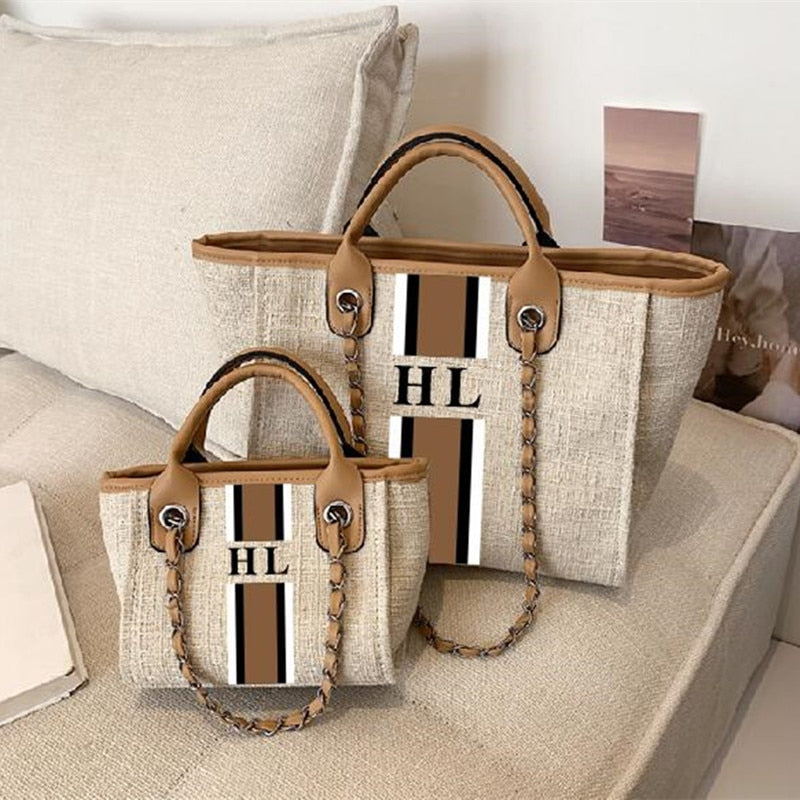 Customize monogram striped Big Mama and mini size canvas handbag travel bags totes shopping shoulder jute handbags shopper tote