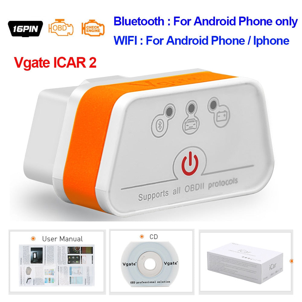 Vgate iCar2 obd2 bluetooth scanner ELM327 V2.2 obd 2 wifi icar 2 car tools elm 327 for android/PC/IOS code reader free shipping
