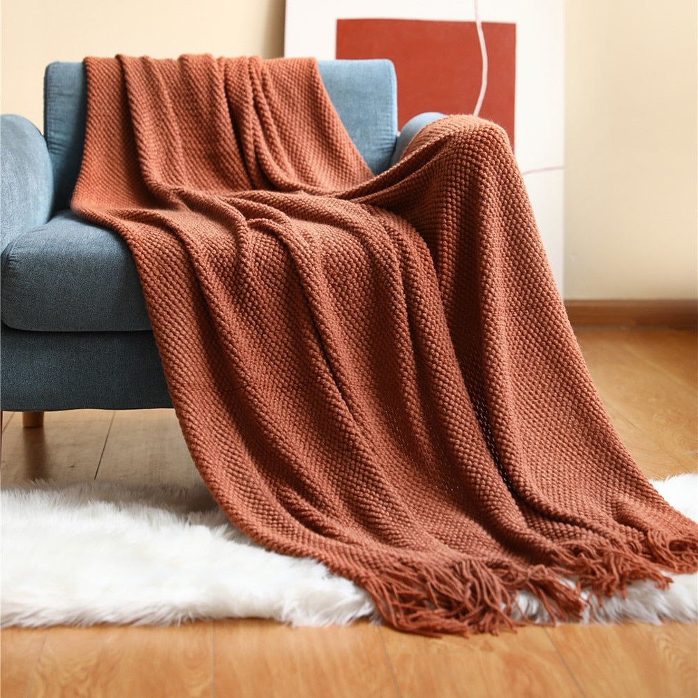 Textile City Home Decorative Thickened Knitted Blanket Corn Grain Waffle Embossed Winter Warm Tassels Throw Bedspread 130x240cm