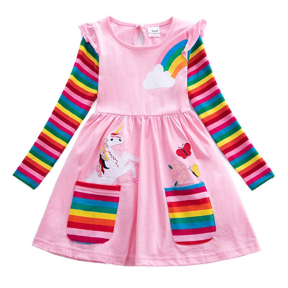 Girls Long Sleeve Unicorn Dress Autumn New Embroidered Cotton Kids Dress Dress Flower Round Neck Dress LH5908