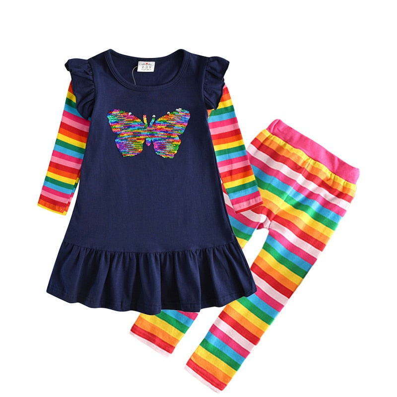 VIKITA Kids Autumn Spring Clothing Sets for Girl Children Butterfly Star Embroidery Cotton Dress and Slim Leggings Girls Outfit