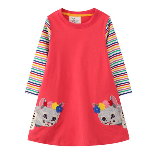 Cat Applique Girls Dresses Cotton Princess Long Sleeve Baby Dress Animals Children Costume Party Cute Girls Dresses