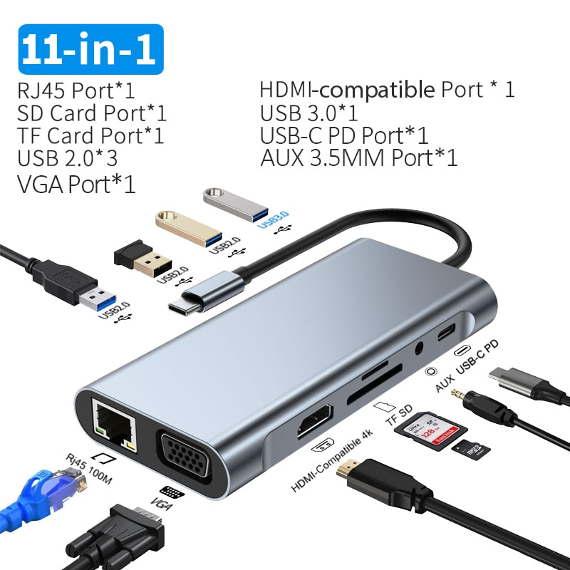 USB C Hub Type C To HDMI-Compatible RJ45 5 6 8 11 Ports Dock with PD TF SD AUX Usb Hub 3 0 Splitter For MacBook Air Pro PC HUB