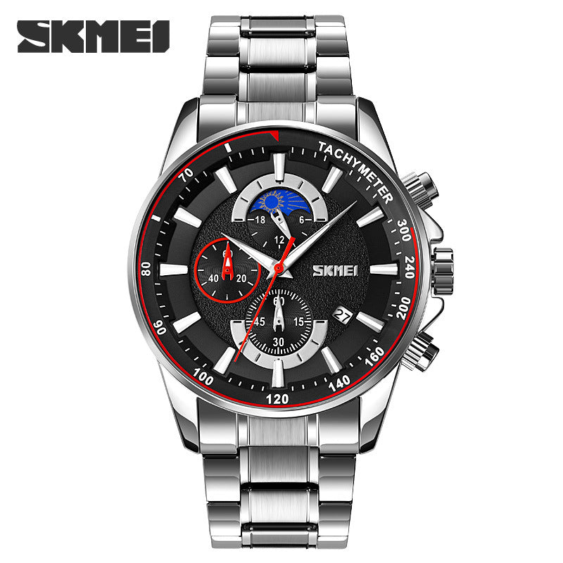 SKMEI Time Beauty Fashion Multi-Fun Men's Business Watch Cross-border Hot Moon Phase Steel Belt Male Stone Table