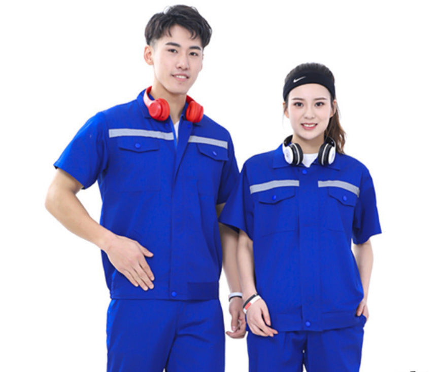 Summer short-sleeved overalls suit men's and women's auto repair clothing factory workshop reflective strip worker auto repair top labor insurance clothing