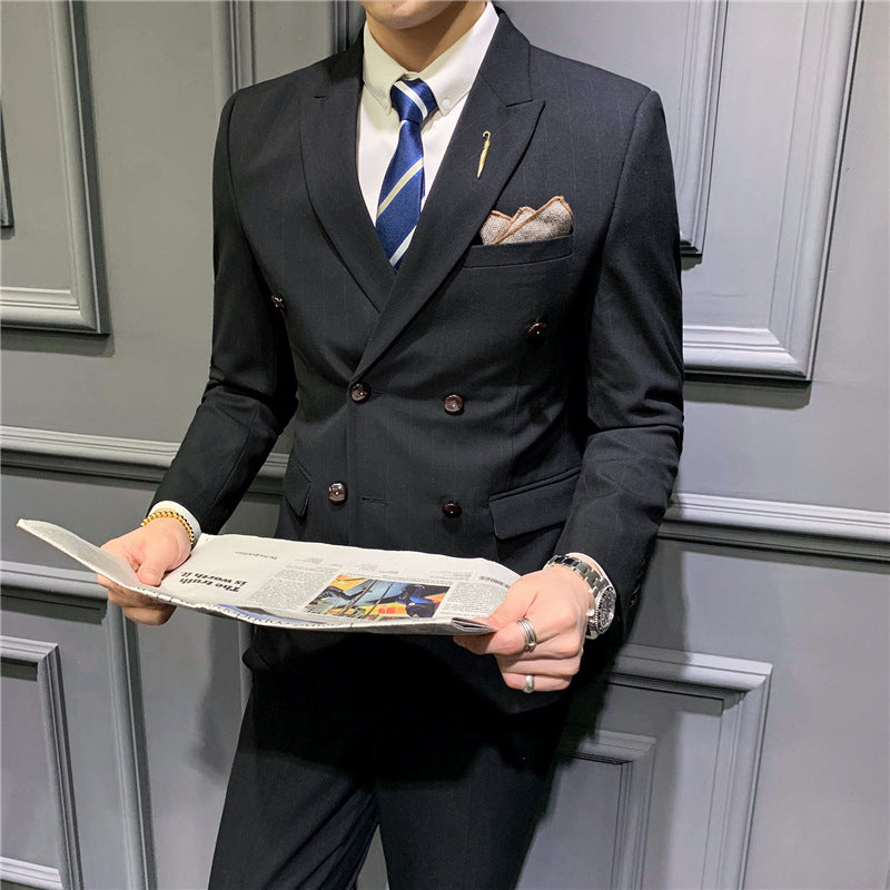 Suit set men's slim three-piece trend striped small suit fashion slim young men's dress