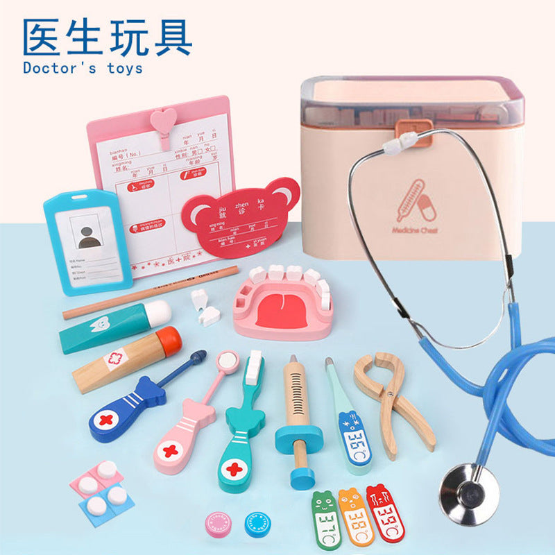 Children's doctor toy set men and women baby more home playing needle tool wooden simulation medicine box stethoscope