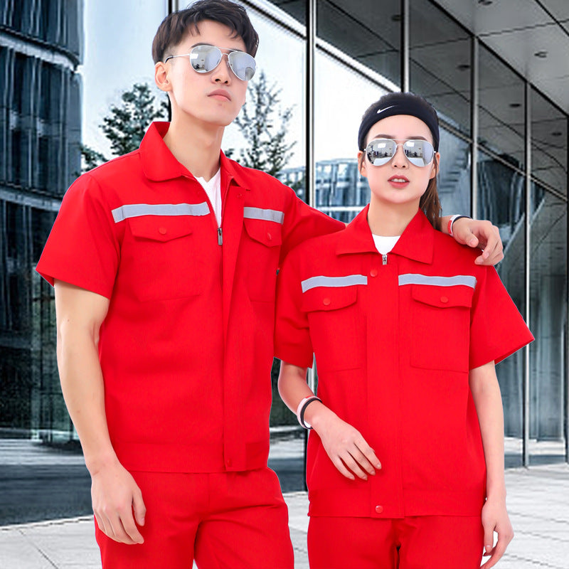 Summer short-sleeved overalls suit men's and women's auto repair clothing factory workshop reflective strip worker auto repair top labor insurance clothing