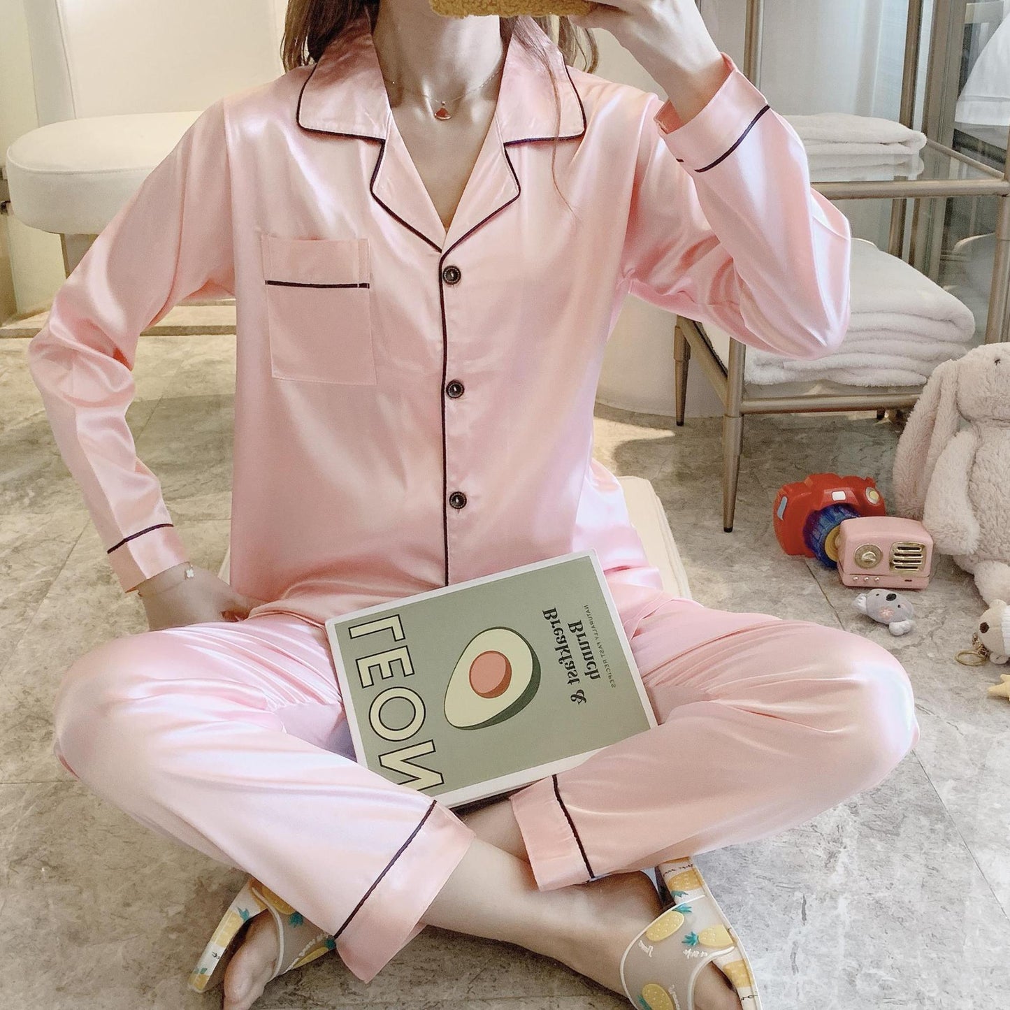 Cross-border explosion silk pajamas female spring autumn simulation silk long sleeve two-piece suit large size home service manufacturers wholesale