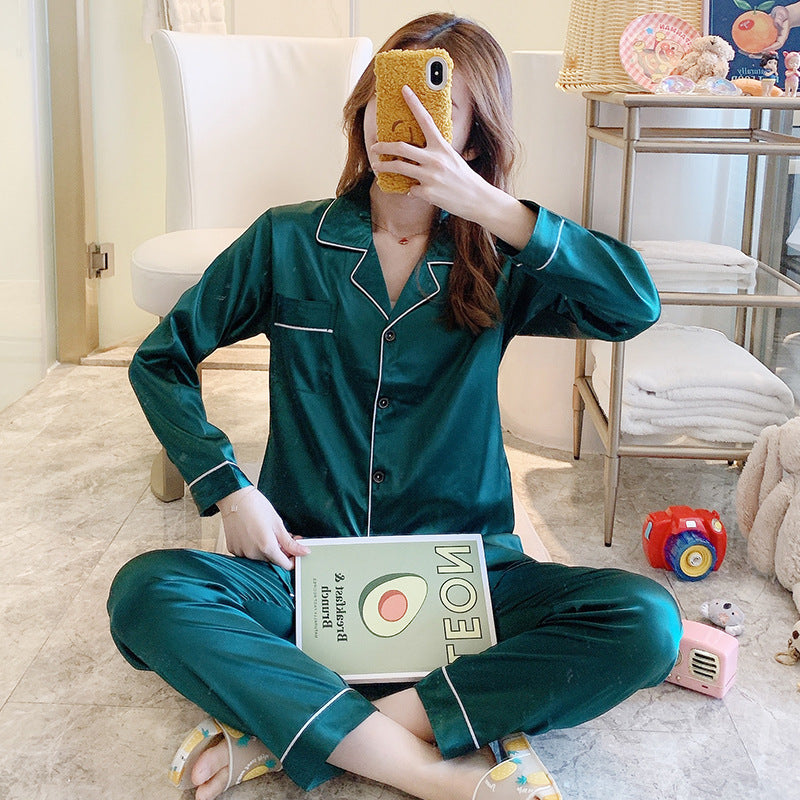 Cross-border explosion silk pajamas female spring autumn simulation silk long sleeve two-piece suit large size home service manufacturers wholesale