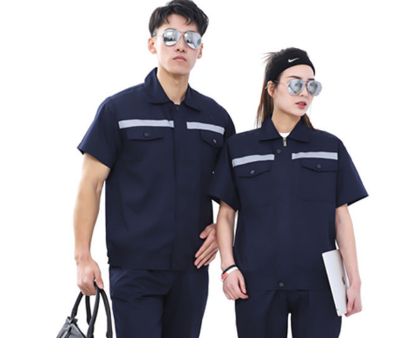 Summer short-sleeved overalls suit men's and women's auto repair clothing factory workshop reflective strip worker auto repair top labor insurance clothing