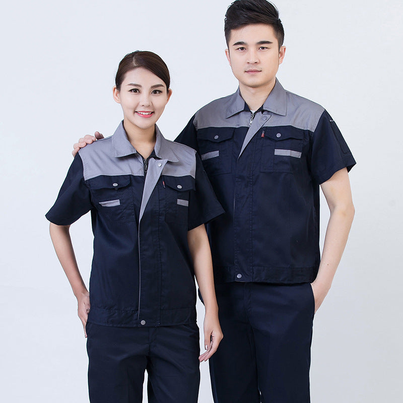 Summer short-sleeved overalls suit men's and women's auto repair clothing factory workshop reflective strip worker auto repair top labor insurance clothing