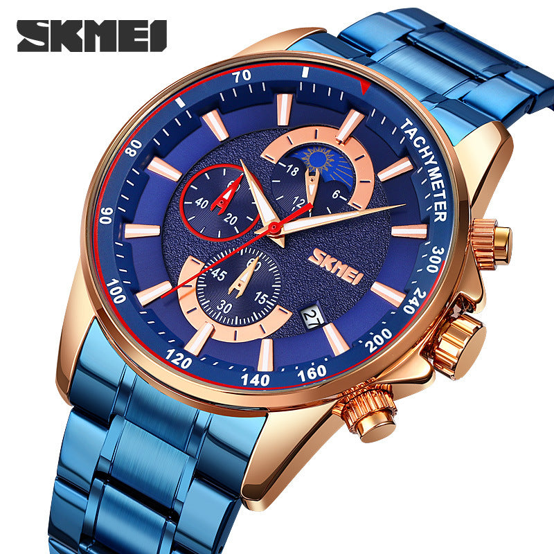 SKMEI Time Beauty Fashion Multi-Fun Men's Business Watch Cross-border Hot Moon Phase Steel Belt Male Stone Table