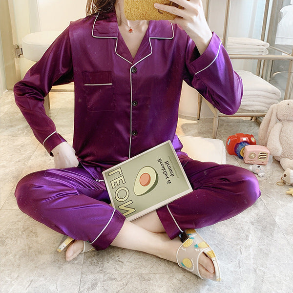 Cross-border explosion silk pajamas female spring autumn simulation silk long sleeve two-piece suit large size home service manufacturers wholesale