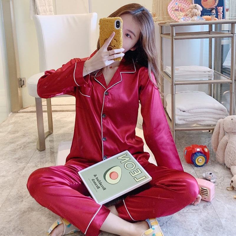 Cross-border explosion silk pajamas female spring autumn simulation silk long sleeve two-piece suit large size home service manufacturers wholesale