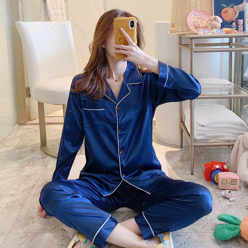 Cross-border explosion silk pajamas female spring autumn simulation silk long sleeve two-piece suit large size home service manufacturers wholesale