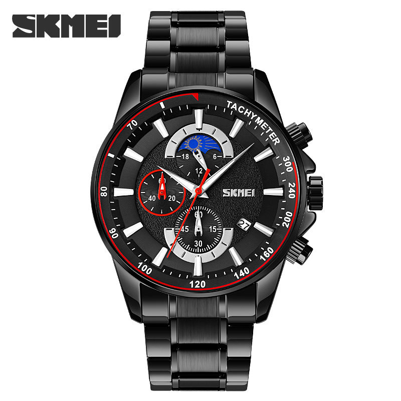 SKMEI Time Beauty Fashion Multi-Fun Men's Business Watch Cross-border Hot Moon Phase Steel Belt Male Stone Table