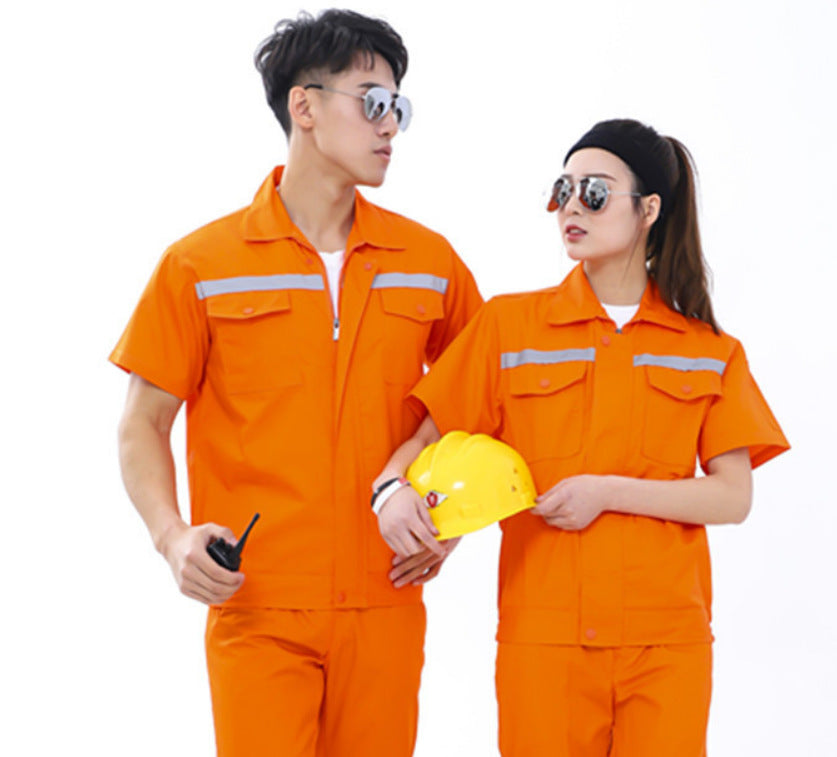 Summer short-sleeved overalls suit men's and women's auto repair clothing factory workshop reflective strip worker auto repair top labor insurance clothing