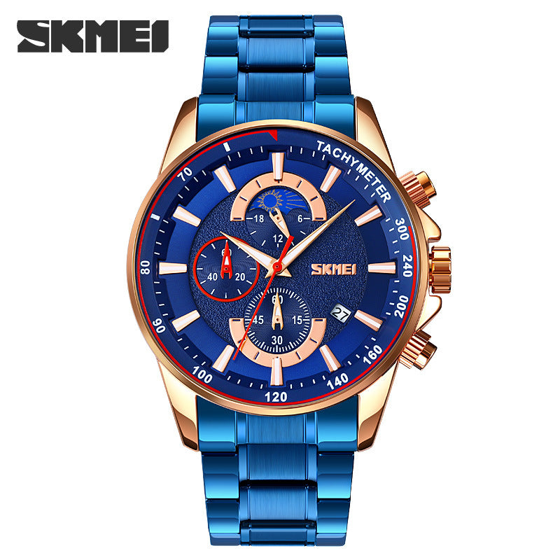 SKMEI Time Beauty Fashion Multi-Fun Men's Business Watch Cross-border Hot Moon Phase Steel Belt Male Stone Table