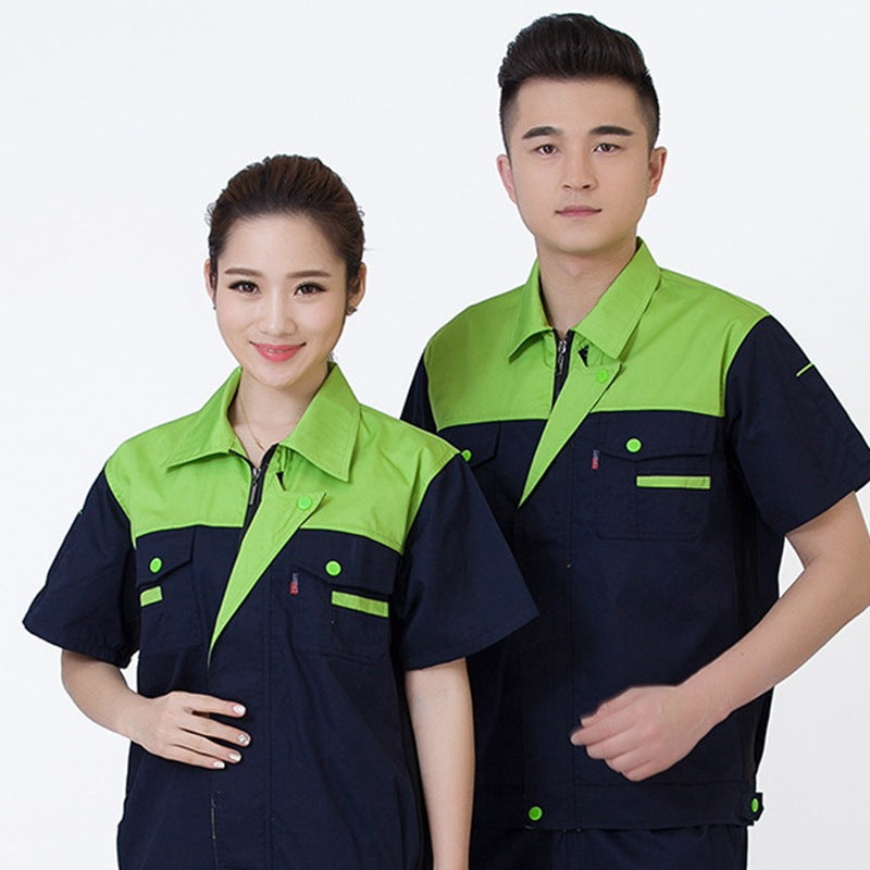 Summer short-sleeved overalls suit men's and women's auto repair clothing factory workshop reflective strip worker auto repair top labor insurance clothing