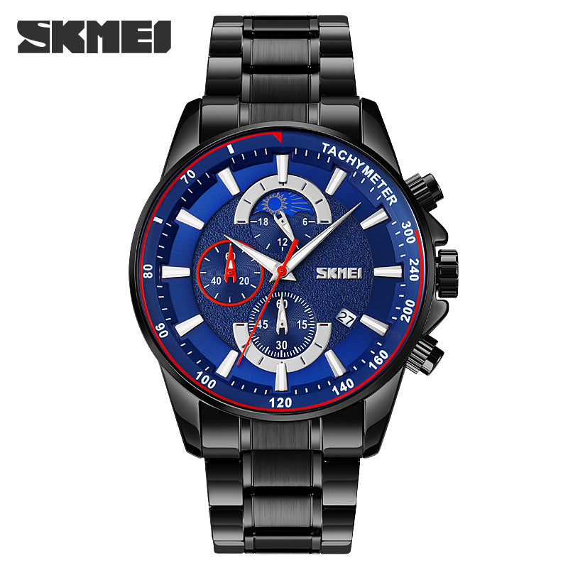 SKMEI Time Beauty Fashion Multi-Fun Men's Business Watch Cross-border Hot Moon Phase Steel Belt Male Stone Table