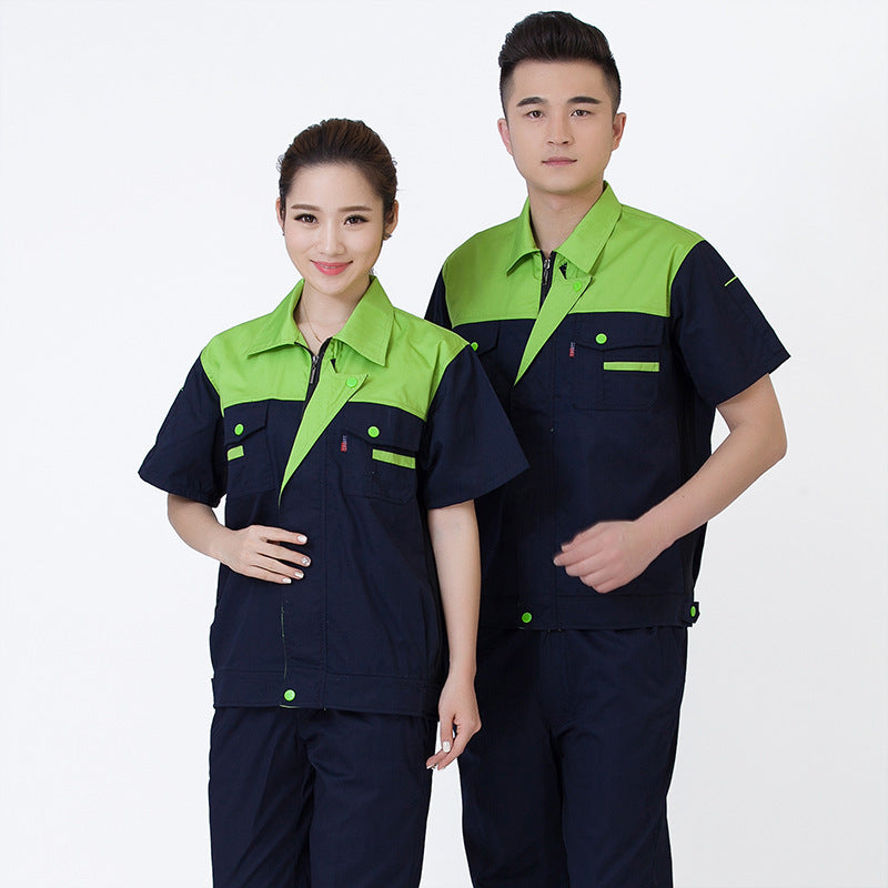 Summer short-sleeved overalls suit men's and women's auto repair clothing factory workshop reflective strip worker auto repair top labor insurance clothing