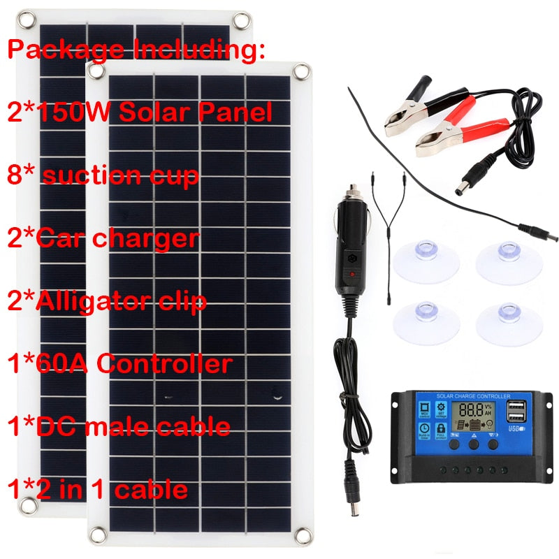 150W 300W Solar Panel Kit 12V Charge Battery With 30A 60A Controller Module 2 USB Port Cell Battery Power Bank for Phone RV Car