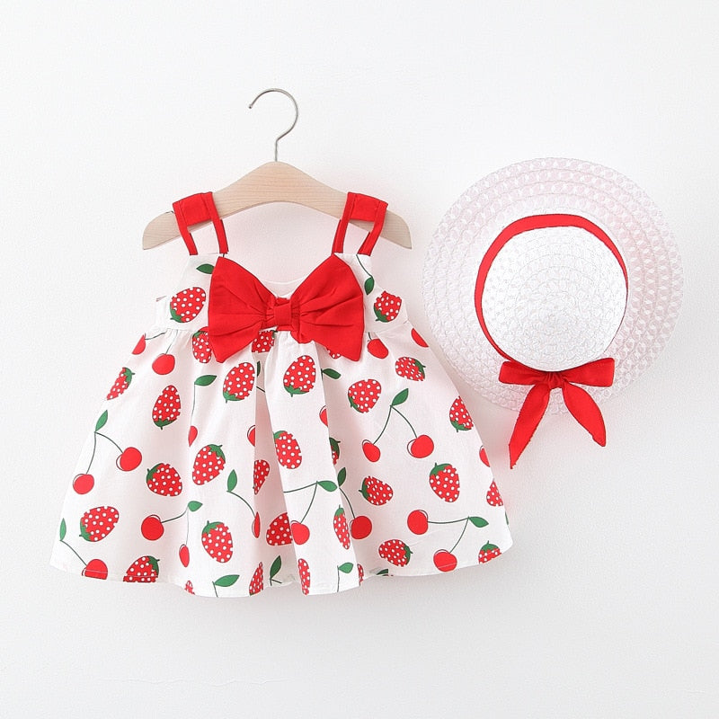 Summer Toddler Girl Clothes Set Baby Beach Dresses Cute Bow Plaid Sleeveless Cotton Newborn Princess Dress+Sunhat