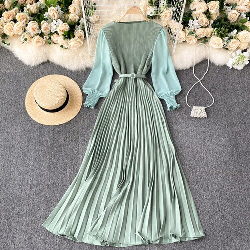 New 2021 Women Elegant Maxi Dress Spring Summer Patchwork Puff Long Sleeve Pleated Muslim Long Dresses Ladies Party Dress