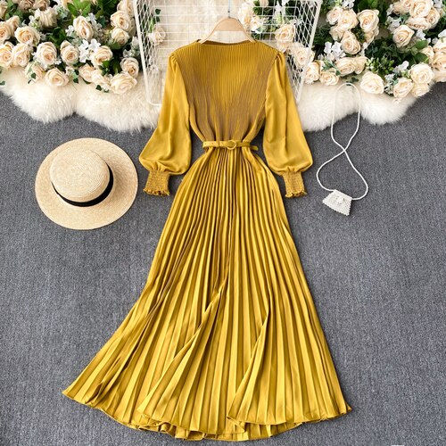 New 2021 Women Elegant Maxi Dress Spring Summer Patchwork Puff Long Sleeve Pleated Muslim Long Dresses Ladies Party Dress