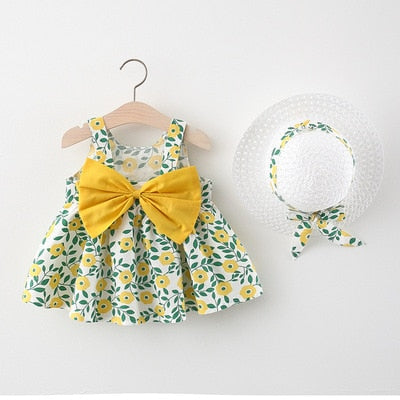 Summer Toddler Girl Clothes Set Baby Beach Dresses Cute Bow Plaid Sleeveless Cotton Newborn Princess Dress+Sunhat