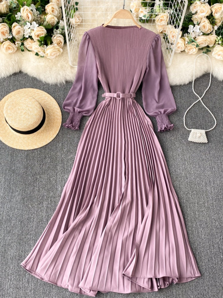 New 2021 Women Elegant Maxi Dress Spring Summer Patchwork Puff Long Sleeve Pleated Muslim Long Dresses Ladies Party Dress