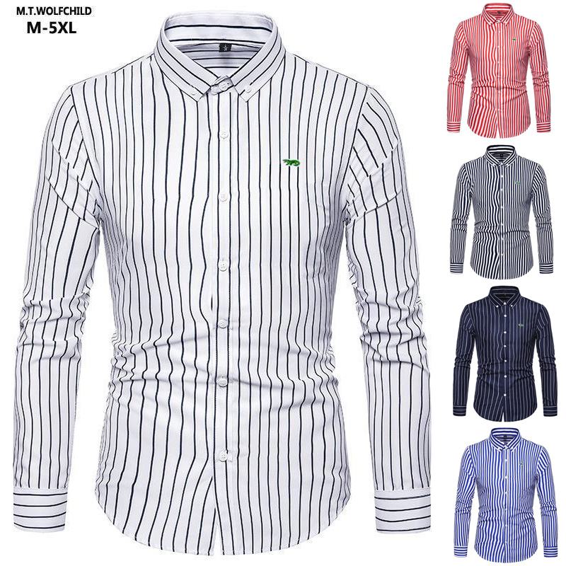 M-5XL Men's Shirt Business Brand Design Embroidery- Logo Casual Striped Blouse Hommes Clothing Male Fashion Slim Dress Shirts